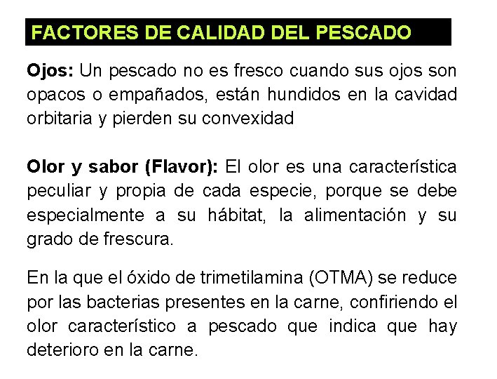 FACTORES DE CALIDAD DEL PESCADO Ojos: Un pescado no es fresco cuando sus ojos