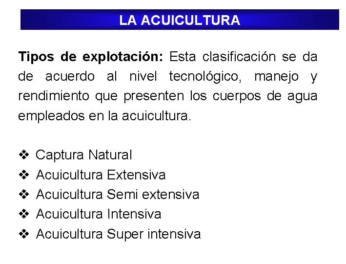 LA ACUICULTURA Tipos de explotación: Esta clasificación se da de acuerdo al nivel tecnológico, LA ACUICULTURA Tipos de explotación: Esta clasificación se da de acuerdo al nivel tecnológico,