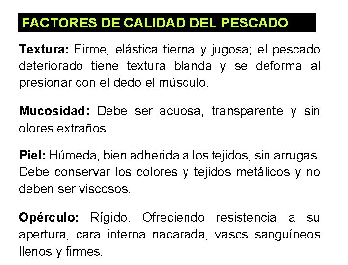 FACTORES DE CALIDAD DEL PESCADO Textura: Firme, elástica tierna y jugosa; el pescado deteriorado FACTORES DE CALIDAD DEL PESCADO Textura: Firme, elástica tierna y jugosa; el pescado deteriorado