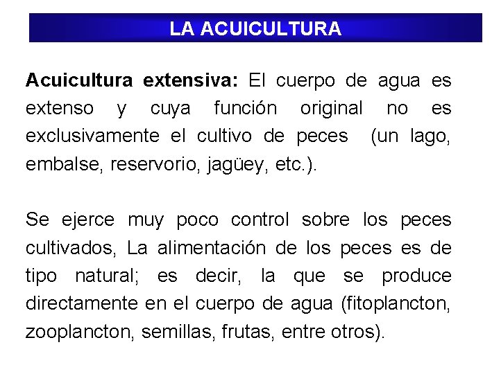 LA ACUICULTURA Acuicultura extensiva: El cuerpo de agua es extenso y cuya función original