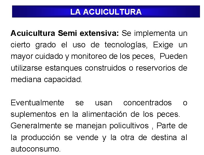 LA ACUICULTURA Acuicultura Semi extensiva: Se implementa un cierto grado el uso de tecnologías,