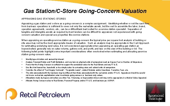 Gas Station/C-Store Going-Concern Valuation APPRAISING GAS STATION/C-STORES Appraising a gas station and c-store as