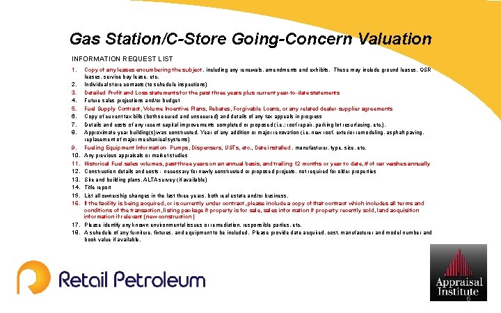 Gas Station/C-Store Going-Concern Valuation INFORMATION REQUEST LIST 1. 2. 3. 4. 5. 6. 7.
