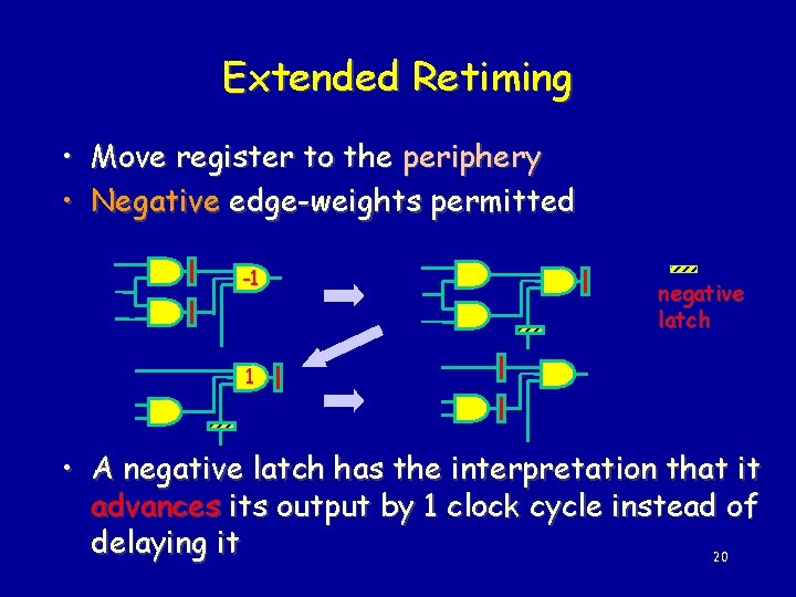 Extended Retiming • • Move register to the periphery Negative edge-weights permitted -1 negative