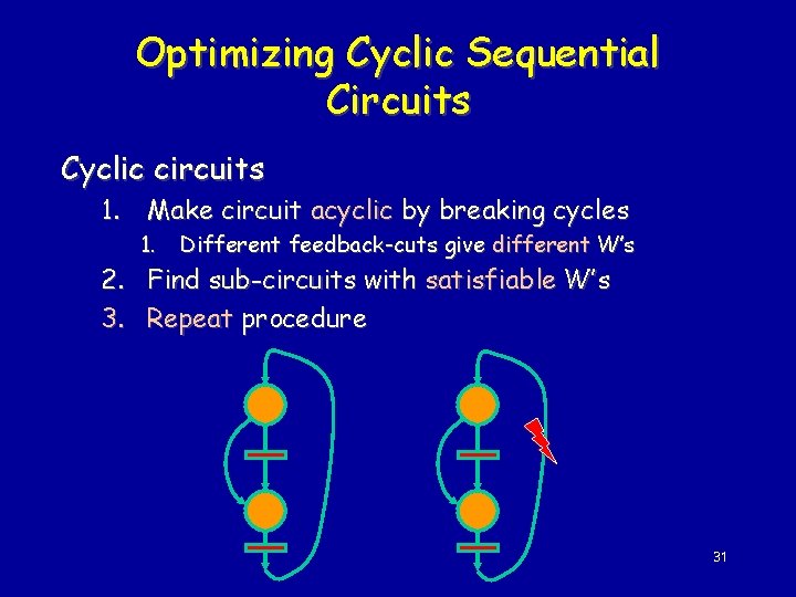 Optimizing Cyclic Sequential Circuits Cyclic circuits 1. Make circuit acyclic by breaking cycles 1.