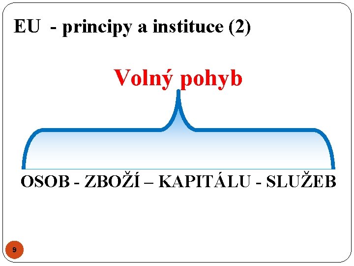 EU - principy a instituce (2) Volný pohyb OSOB - ZBOŽÍ – KAPITÁLU -