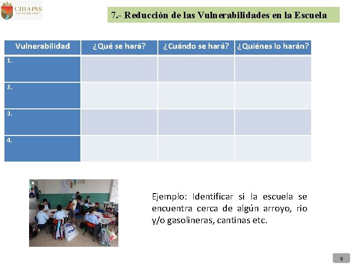 7. - Reducción de las Vulnerabilidades en la Escuela Vulnerabilidad 1. 2. 3. 4.