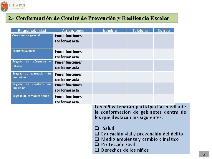 2. - Conformación de Comité de Prevención y Resiliencia Escolar Responsabilidad Coordinador general Primeros