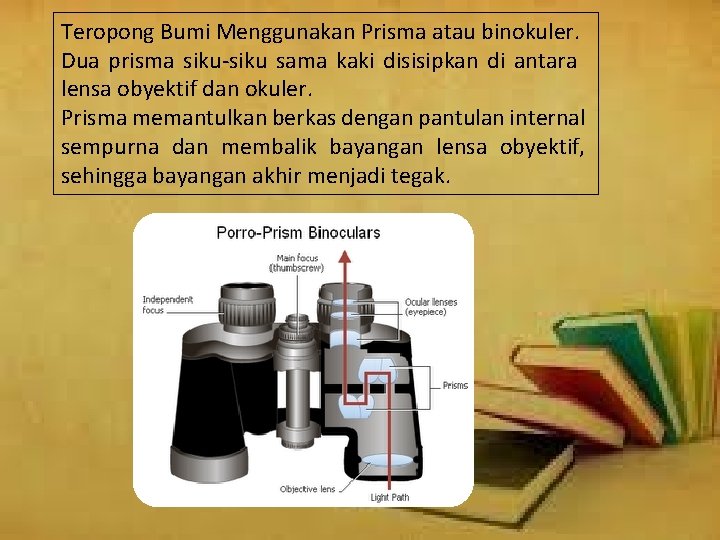 Teropong Bumi Menggunakan Prisma atau binokuler. Dua prisma siku-siku sama kaki disisipkan di antara