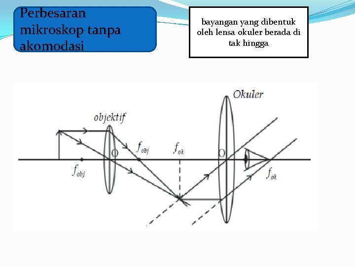 Perbesaran mikroskop tanpa akomodasi bayangan yang dibentuk oleh lensa okuler berada di tak hingga