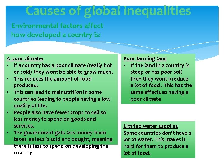 Causes of global inequalities Environmental factors affect how developed a country is: A poor