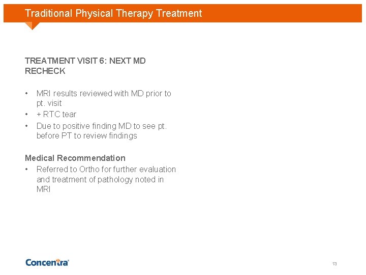 Traditional Physical Therapy Treatment TREATMENT VISIT 6: NEXT MD RECHECK • • • MRI