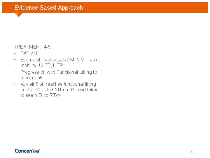 Evidence Based Approach TREATMENT 4 -5 • D/C MH • Each visit re-assess ROM,