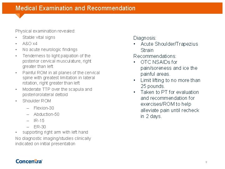 Medical Examination and Recommendation Physical examination revealed: • Stable vital signs • A&O x