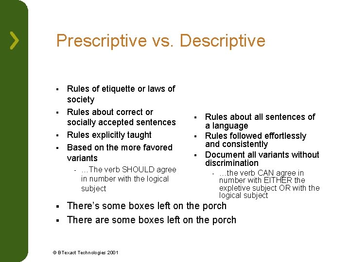 Prescriptive vs. Descriptive Rules of etiquette or laws of society § Rules about correct