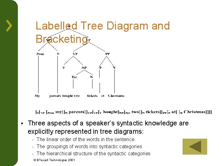 Labelled Tree Diagram and Bracketing § Three aspects of a speaker’s syntactic knowledge are