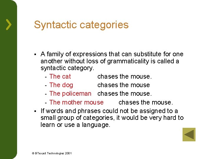 Syntactic categories A family of expressions that can substitute for one another without loss