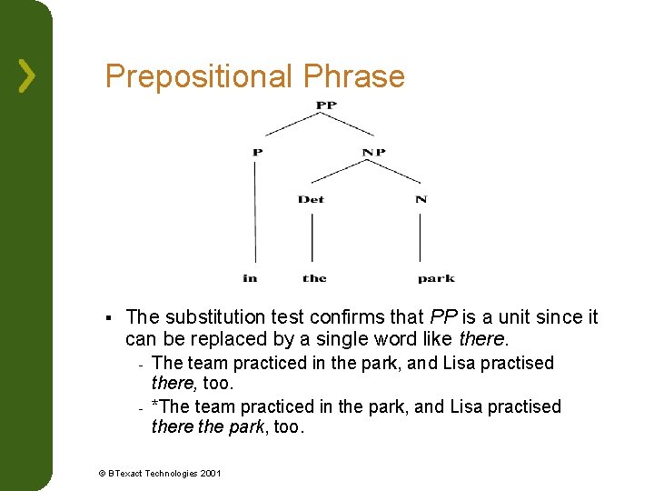 Prepositional Phrase § The substitution test confirms that PP is a unit since it