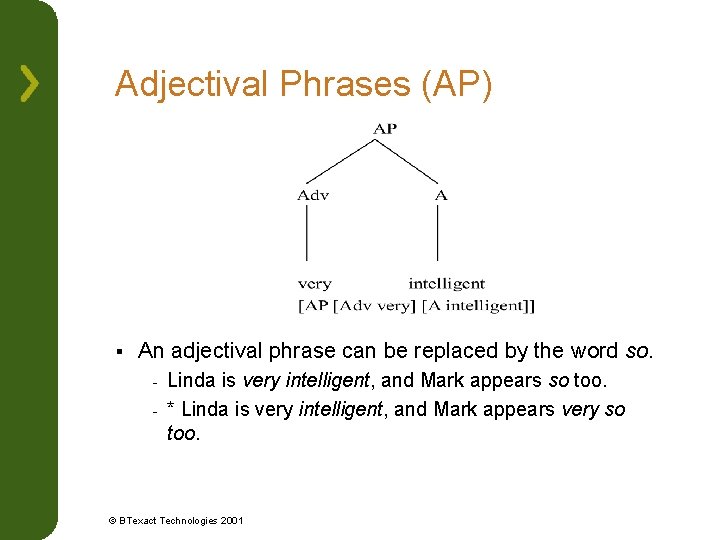 Adjectival Phrases (AP) § An adjectival phrase can be replaced by the word so.