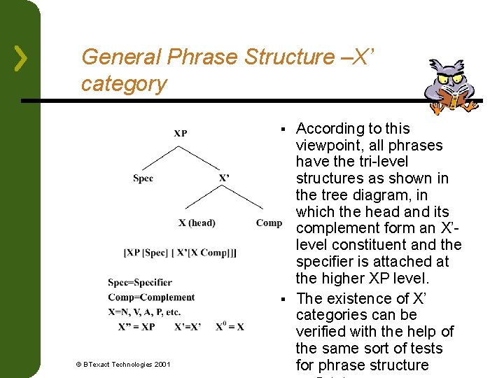 General Phrase Structure –X’ category According to this viewpoint, all phrases have the tri-level