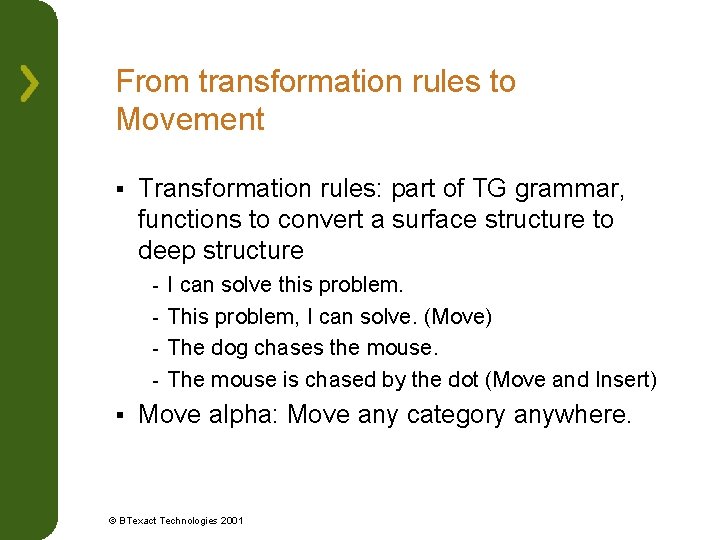 From transformation rules to Movement § Transformation rules: part of TG grammar, functions to