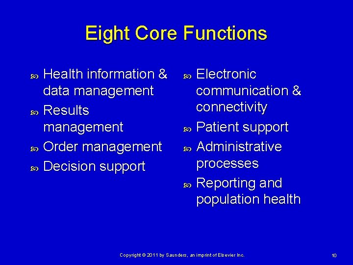 Eight Core Functions Health information & data management Results management Order management Decision support Eight Core Functions Health information & data management Results management Order management Decision support