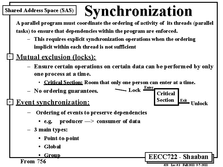 Shared Address Space (SAS) Synchronization A parallel program must coordinate the ordering of activity