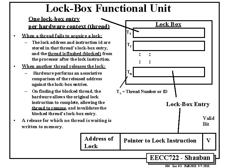 Lock-Box Functional Unit One lock-box entry per hardware context (thread) • When a thread