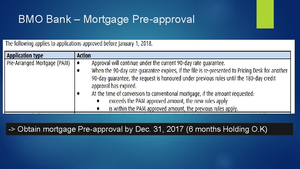 BMO Bank – Mortgage Pre-approval -> Obtain mortgage Pre-approval by Dec. 31, 2017 (6