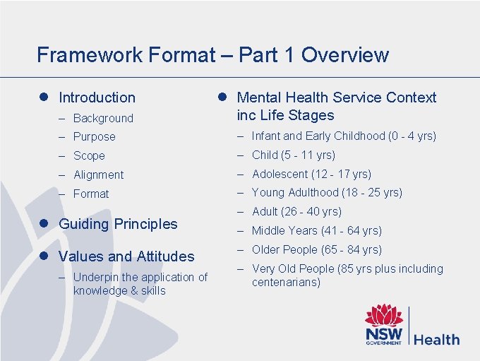 Framework Format – Part 1 Overview l Introduction – Background l Mental Health Service Framework Format – Part 1 Overview l Introduction – Background l Mental Health Service