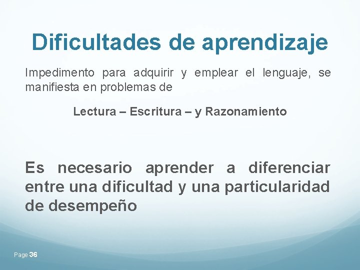 Dificultades de aprendizaje Impedimento para adquirir y emplear el lenguaje, se manifiesta en problemas Dificultades de aprendizaje Impedimento para adquirir y emplear el lenguaje, se manifiesta en problemas
