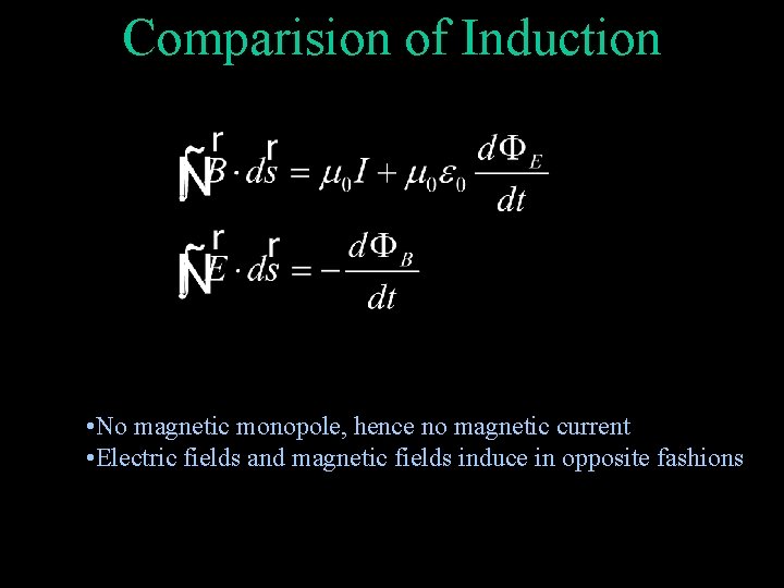 Comparision of Induction • No magnetic monopole, hence no magnetic current • Electric fields
