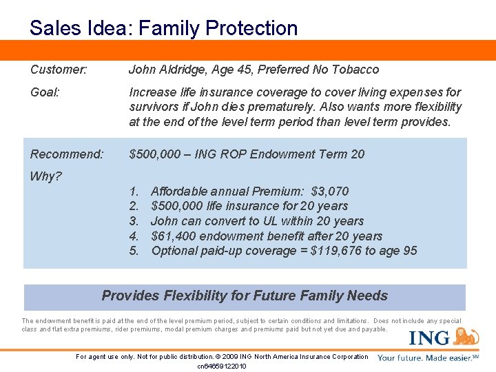 Sales Idea: Family Protection Customer: John Aldridge, Age 45, Preferred No Tobacco Goal: Increase