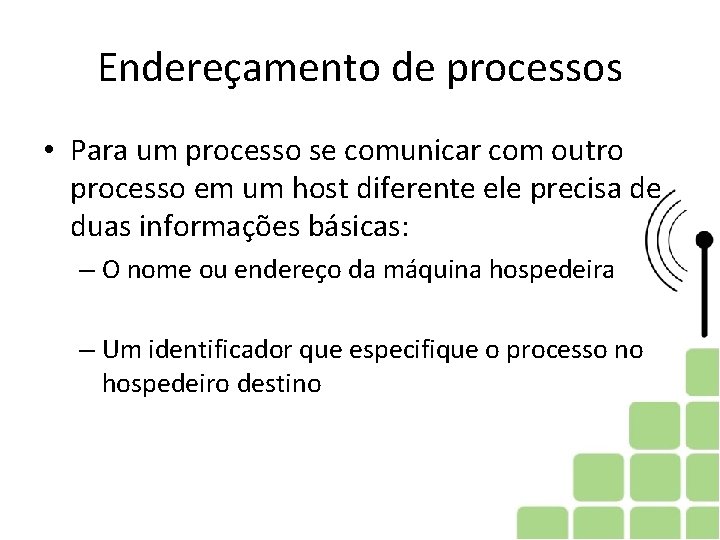 Endereçamento de processos • Para um processo se comunicar com outro processo em um Endereçamento de processos • Para um processo se comunicar com outro processo em um