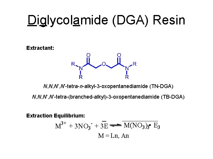 Diglycolamide (DGA) Resin Extractant: N, N, N’-tetra-n-alkyl-3 -oxopentanediamide (TN-DGA) N, N, N’-tetra-(branched-alkyl)-3 -oxopentanediamide (TB-DGA)