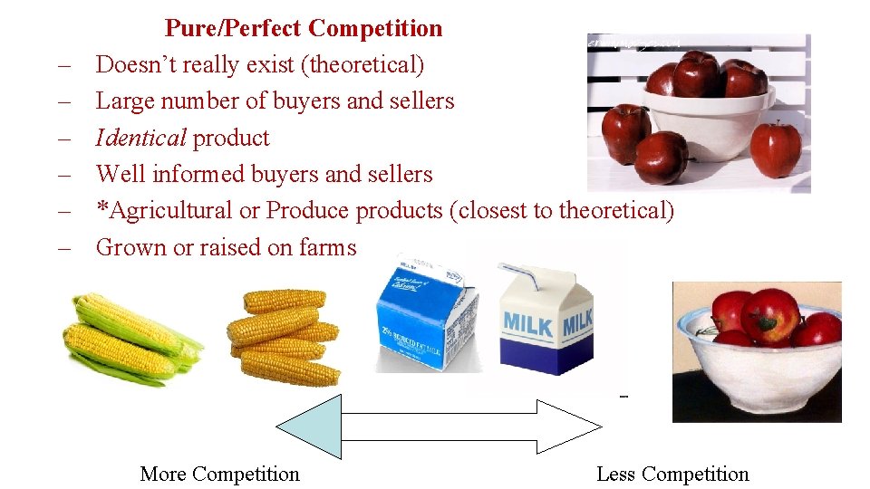 – – – Pure/Perfect Competition Doesn’t really exist (theoretical) Large number of buyers and