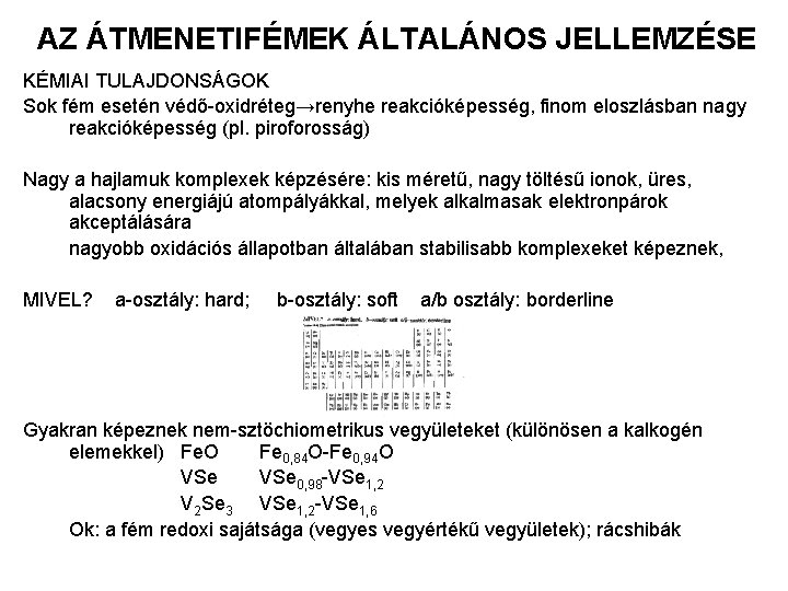 AZ ÁTMENETIFÉMEK ÁLTALÁNOS JELLEMZÉSE KÉMIAI TULAJDONSÁGOK Sok fém esetén védő-oxidréteg→renyhe reakcióképesség, finom eloszlásban nagy