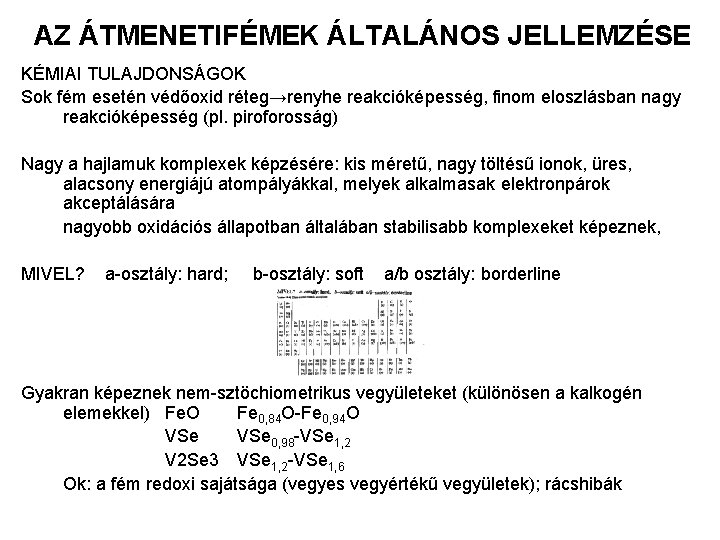 AZ ÁTMENETIFÉMEK ÁLTALÁNOS JELLEMZÉSE KÉMIAI TULAJDONSÁGOK Sok fém esetén védőoxid réteg→renyhe reakcióképesség, finom eloszlásban