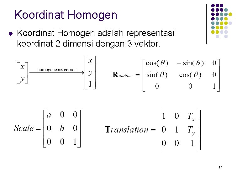 Koordinat Homogen l Koordinat Homogen adalah representasi koordinat 2 dimensi dengan 3 vektor. 11