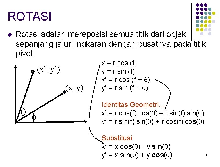 ROTASI l Rotasi adalah mereposisi semua titik dari objek sepanjang jalur lingkaran dengan pusatnya