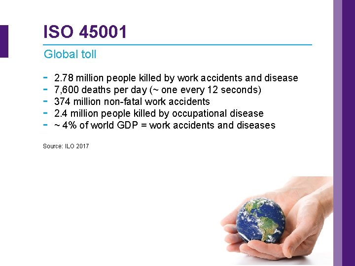 ISO 45001 Global toll - 2. 78 million people killed by work accidents and