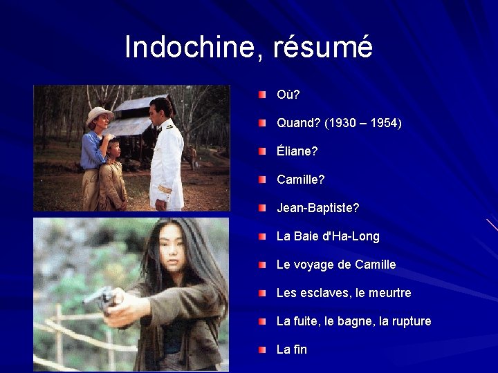 Indochine, résumé Où? Quand? (1930 – 1954) Éliane? Camille? Jean-Baptiste? La Baie d'Ha-Long Le