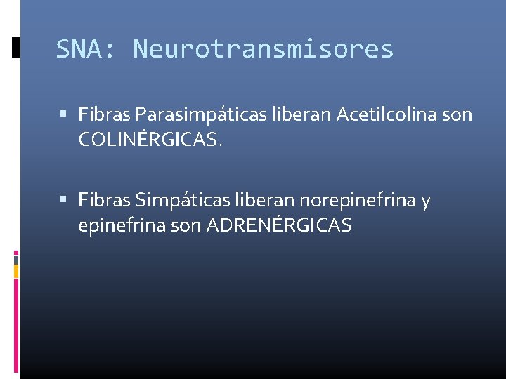 SNA: Neurotransmisores Fibras Parasimpáticas liberan Acetilcolina son COLINÉRGICAS. Fibras Simpáticas liberan norepinefrina y epinefrina