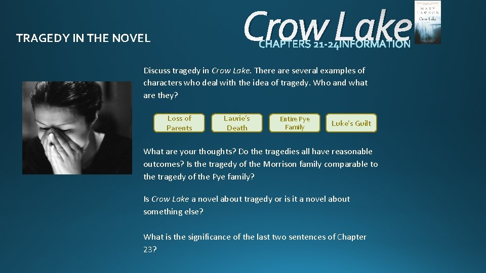 Crow Lake TRAGEDY IN THE NOVEL Discuss tragedy in Crow Lake. There are several Crow Lake TRAGEDY IN THE NOVEL Discuss tragedy in Crow Lake. There are several