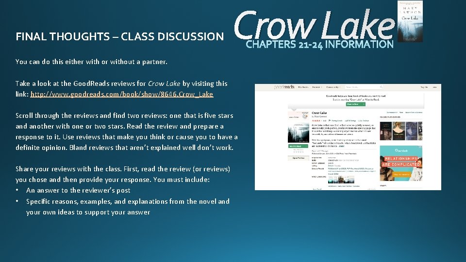 FINAL THOUGHTS – CLASS DISCUSSION Crow Lake You can do this either with or FINAL THOUGHTS – CLASS DISCUSSION Crow Lake You can do this either with or