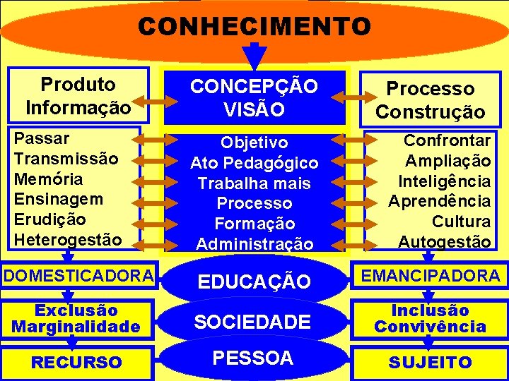 CONHECIMENTO Produto Informação Passar Transmissão Memória Ensinagem Erudição Heterogestão DOMESTICADORA CONCEPÇÃO VISÃO Objetivo Ato