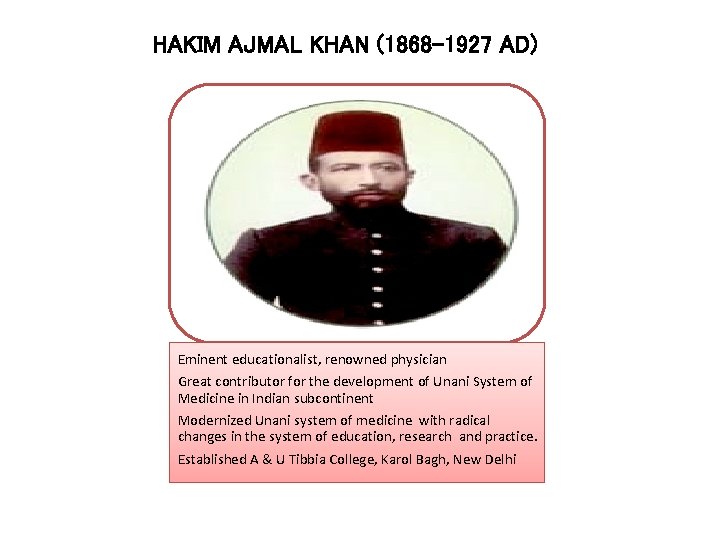 HAKIM AJMAL KHAN (1868 -1927 AD) Eminent educationalist, renowned physician Great contributor for the