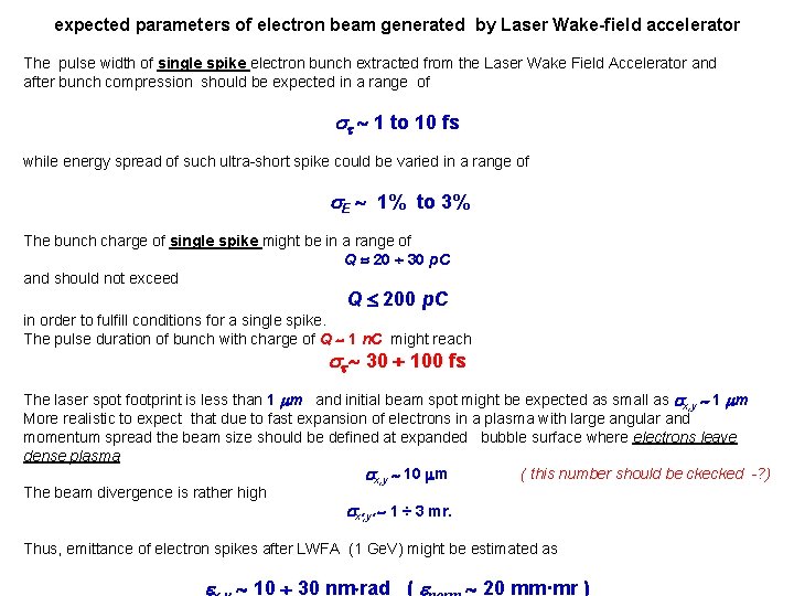 expected parameters of electron beam generated by Laser Wake-field accelerator The pulse width of
