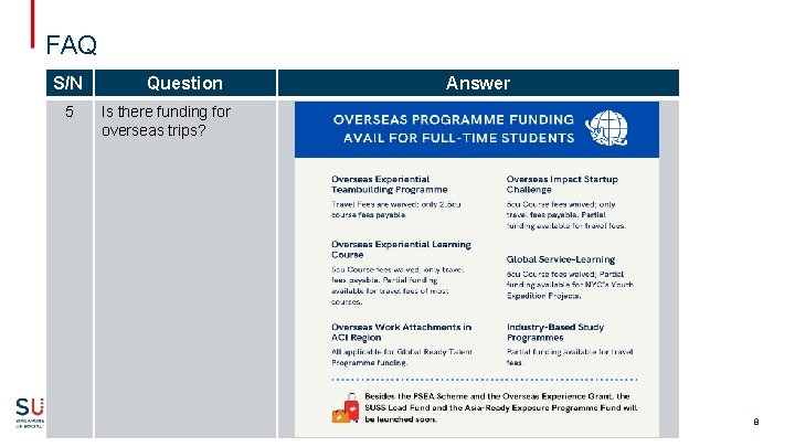 FAQ S/N 5 Question Answer Is there funding for overseas trips? 8 FAQ S/N 5 Question Answer Is there funding for overseas trips? 8