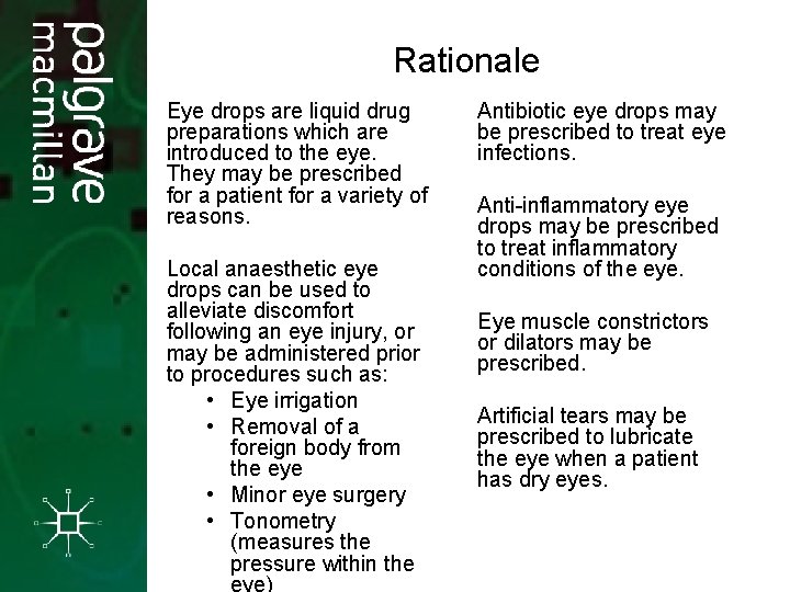 Rationale Eye drops are liquid drug preparations which are introduced to the eye. They